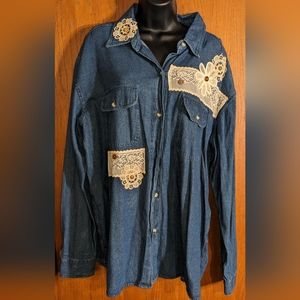 Women's‎ Vintage Marisol Lace Embellished Denim Button-down Shirt, Casual Sz1X